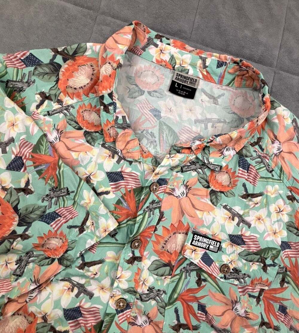 Springfield Armory Floral Rifle & American Flag Hawaiian Aloha Shirt Size L